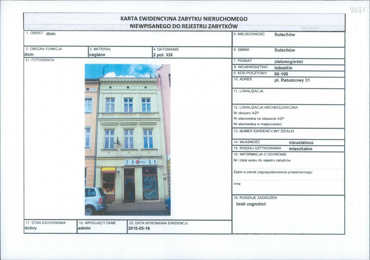 Karta obiektu niewpisanego do rejestru, skan nr 1