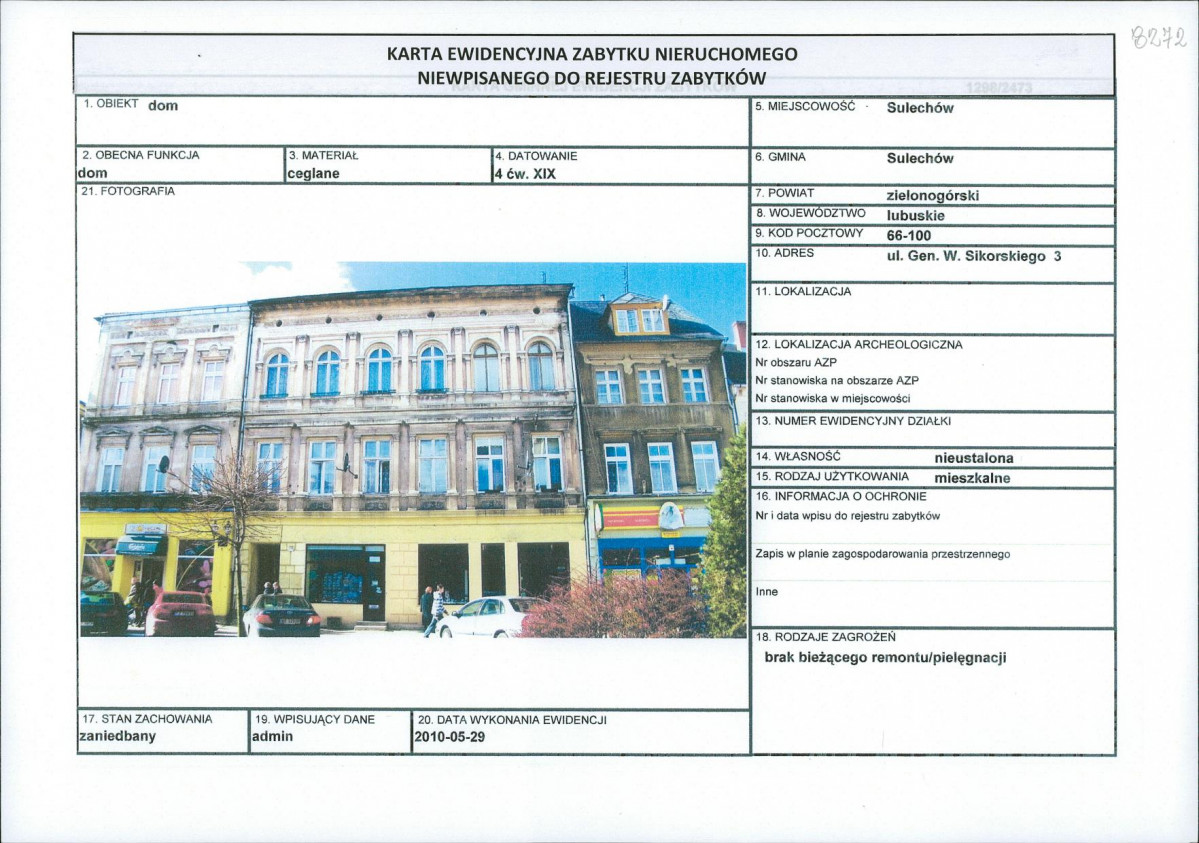 Karta obiektu niewpisanego do rejestru, skan nr 1