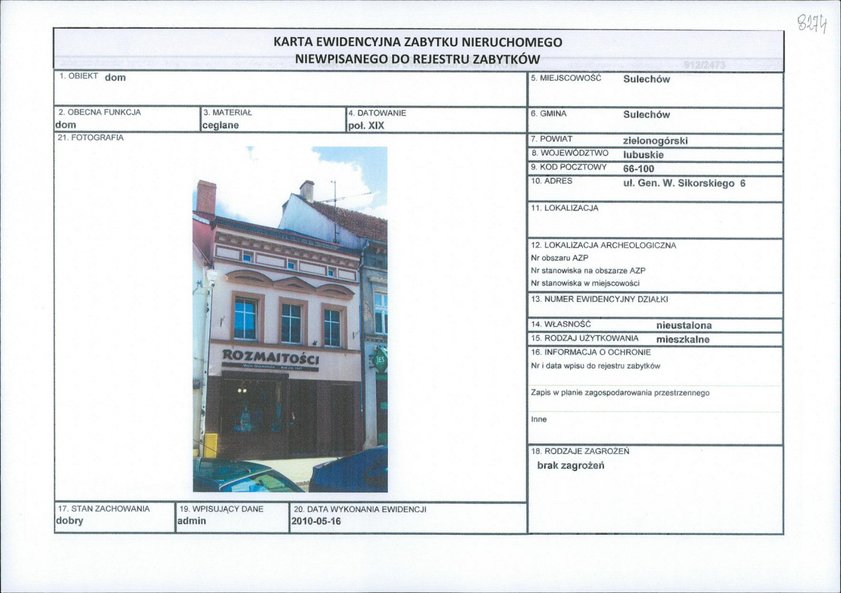 Karta obiektu niewpisanego do rejestru, skan nr 1