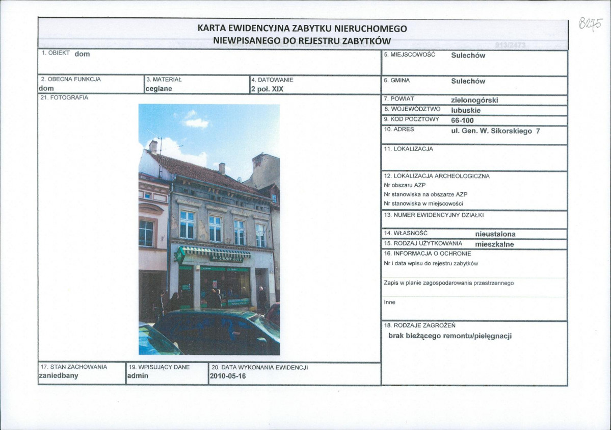 Karta obiektu niewpisanego do rejestru, skan nr 1