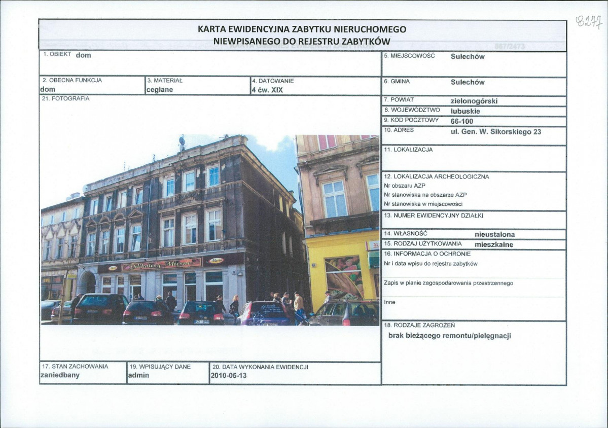 Karta obiektu niewpisanego do rejestru, skan nr 1