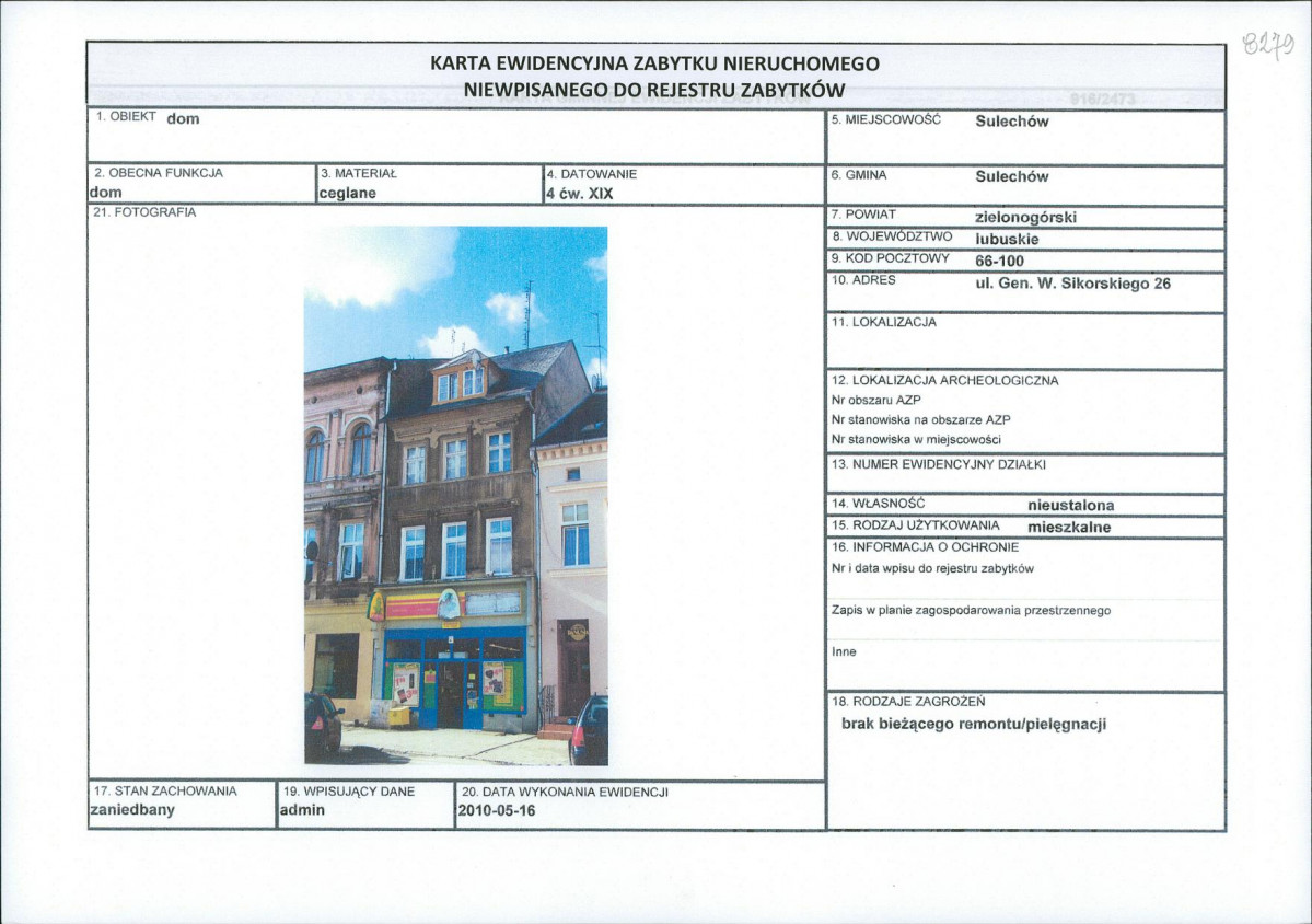 Karta obiektu niewpisanego do rejestru, skan nr 1