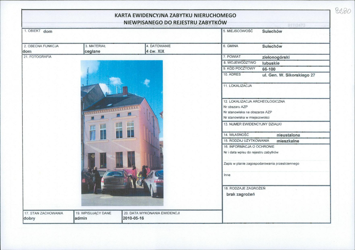 Karta obiektu niewpisanego do rejestru, skan nr 1