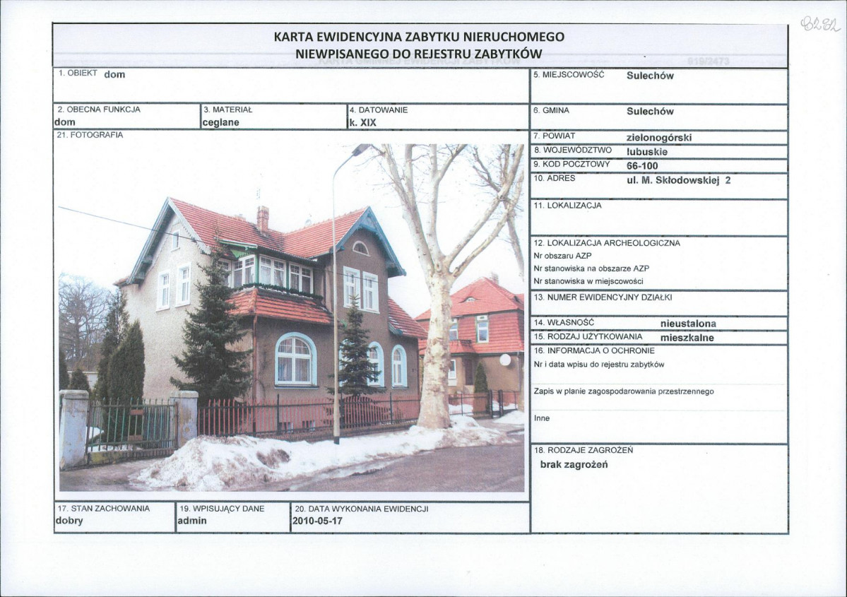 Karta obiektu niewpisanego do rejestru, skan nr 1