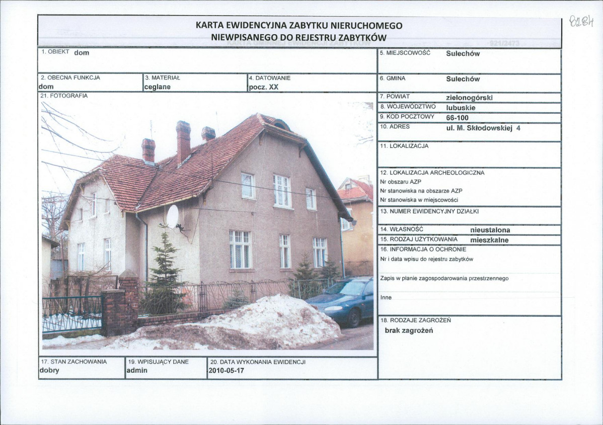 Karta obiektu niewpisanego do rejestru, skan nr 1