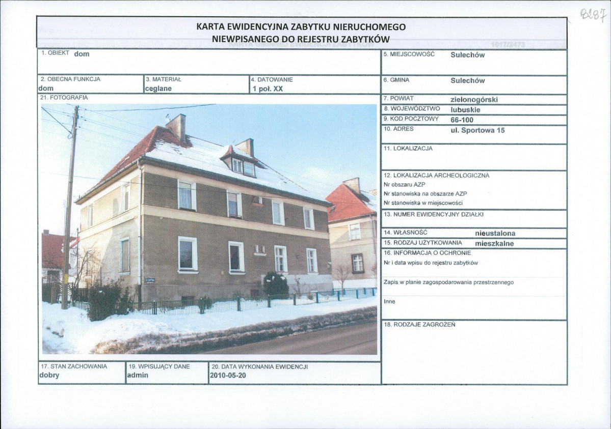 Karta obiektu niewpisanego do rejestru, skan nr 1