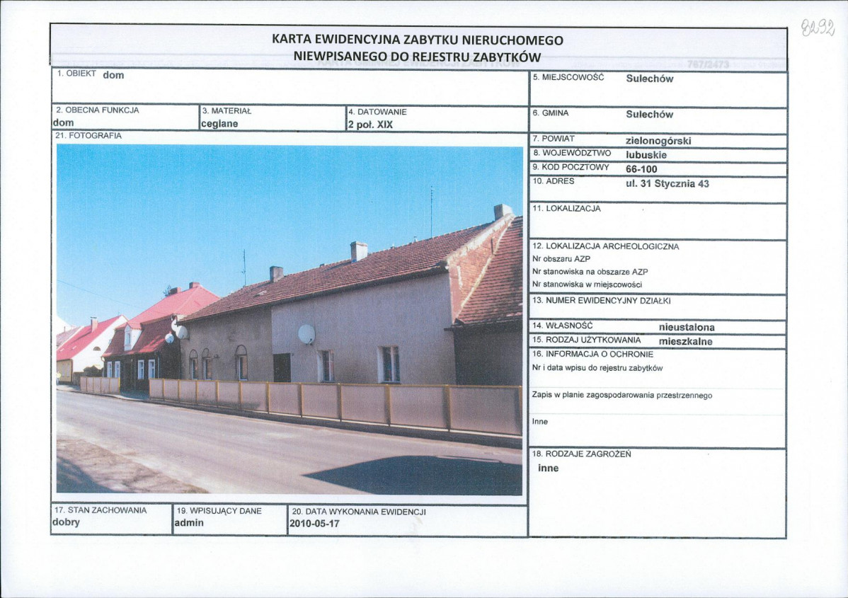 Karta obiektu niewpisanego do rejestru, skan nr 1