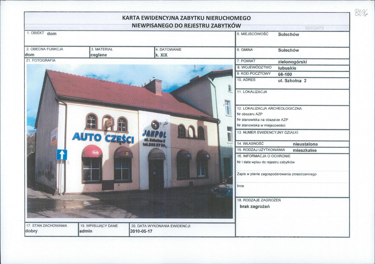Karta obiektu niewpisanego do rejestru, skan nr 1