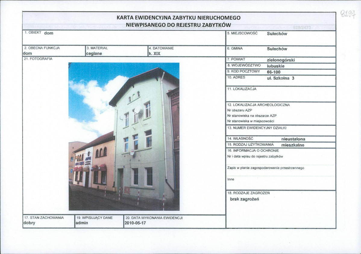 Karta obiektu niewpisanego do rejestru, skan nr 1