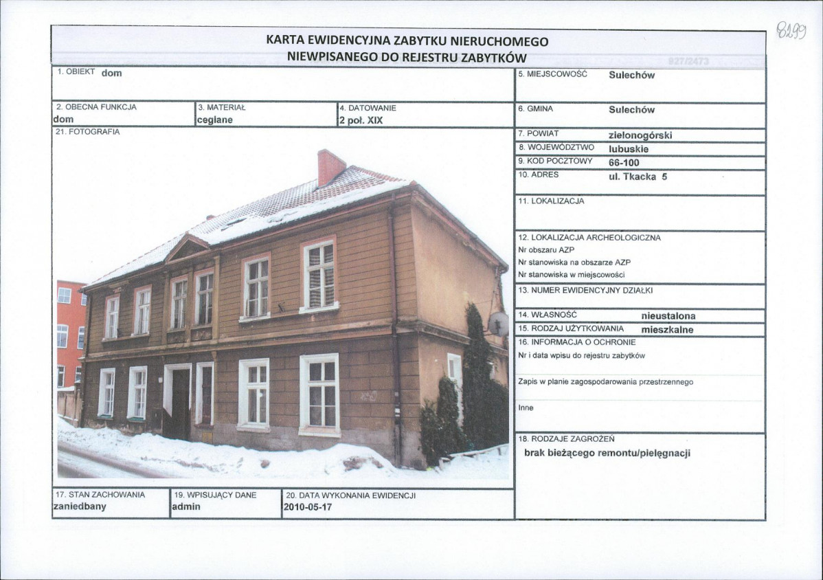 Karta obiektu niewpisanego do rejestru, skan nr 1