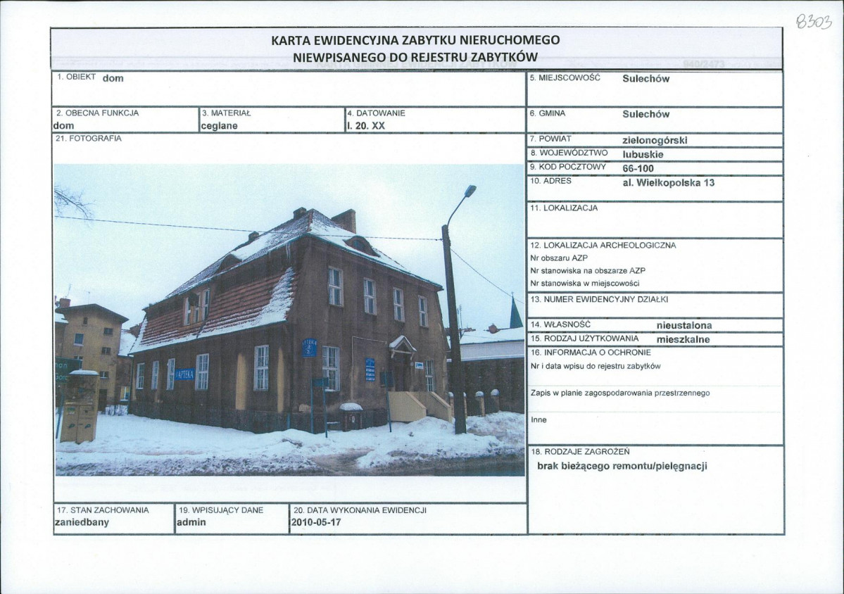 Karta obiektu niewpisanego do rejestru, skan nr 1