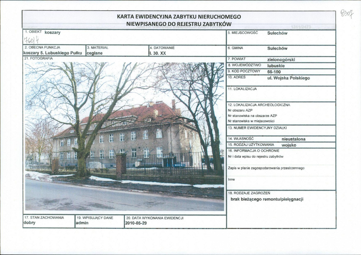 Karta obiektu niewpisanego do rejestru, skan nr 1