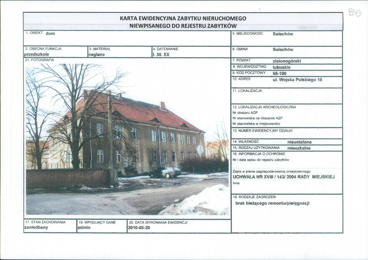 Karta obiektu niewpisanego do rejestru, skan nr 1