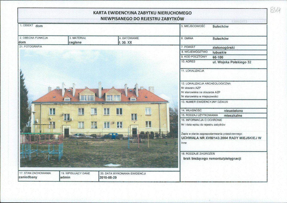 Karta obiektu niewpisanego do rejestru, skan nr 1
