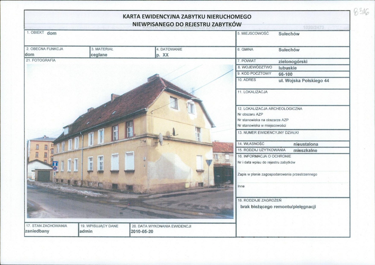 Karta obiektu niewpisanego do rejestru, skan nr 1