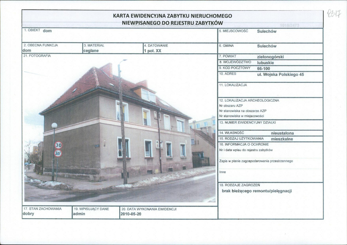 Karta obiektu niewpisanego do rejestru, skan nr 1