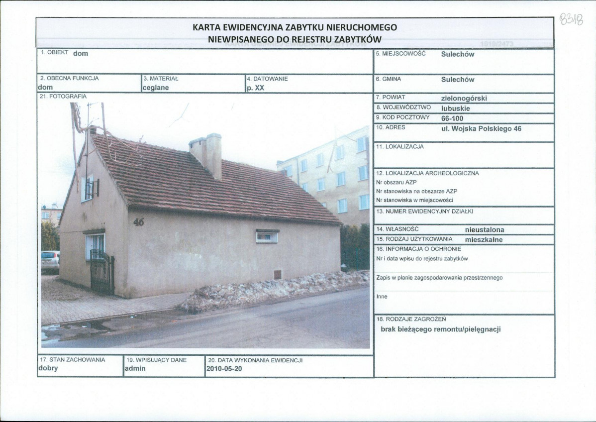 Karta obiektu niewpisanego do rejestru, skan nr 1