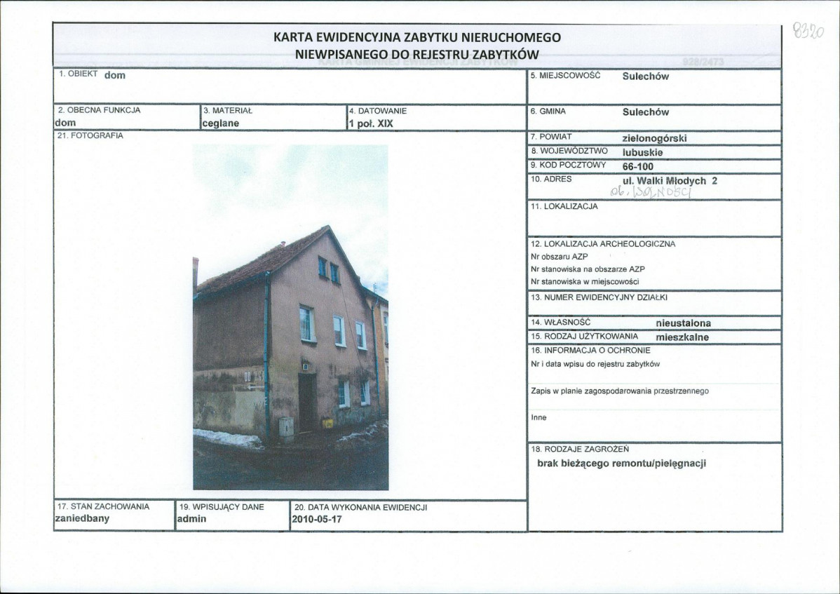 Karta obiektu niewpisanego do rejestru, skan nr 1