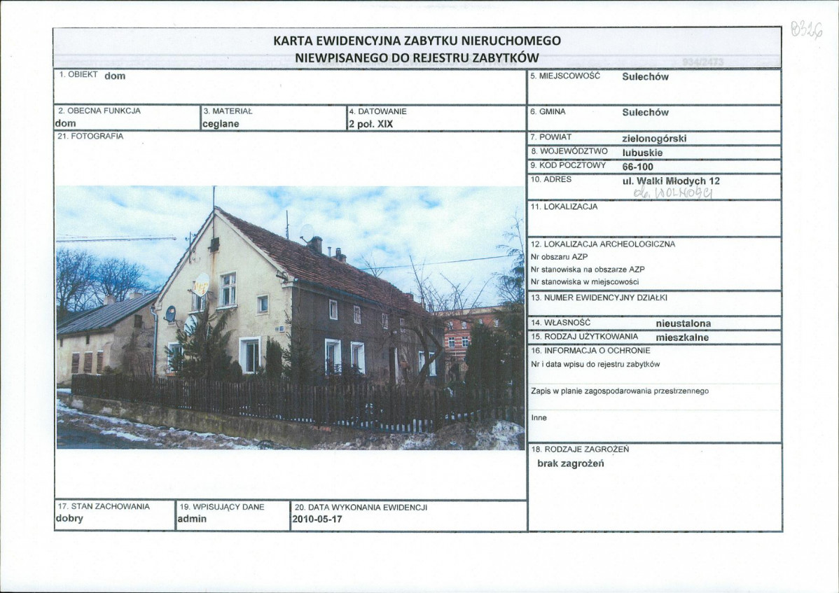 Karta obiektu niewpisanego do rejestru, skan nr 1