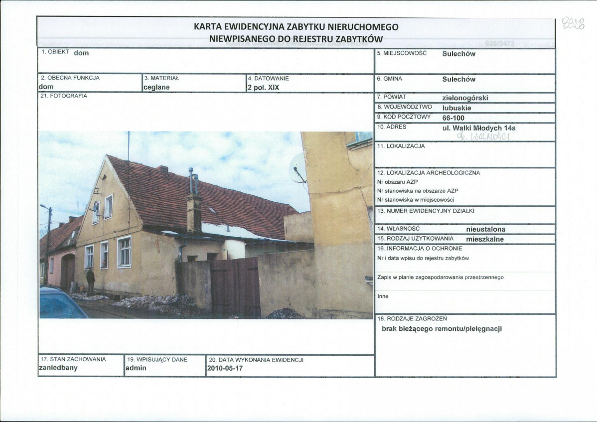 Karta obiektu niewpisanego do rejestru, skan nr 1
