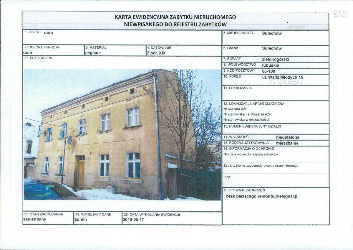 Karta obiektu niewpisanego do rejestru, skan nr 1