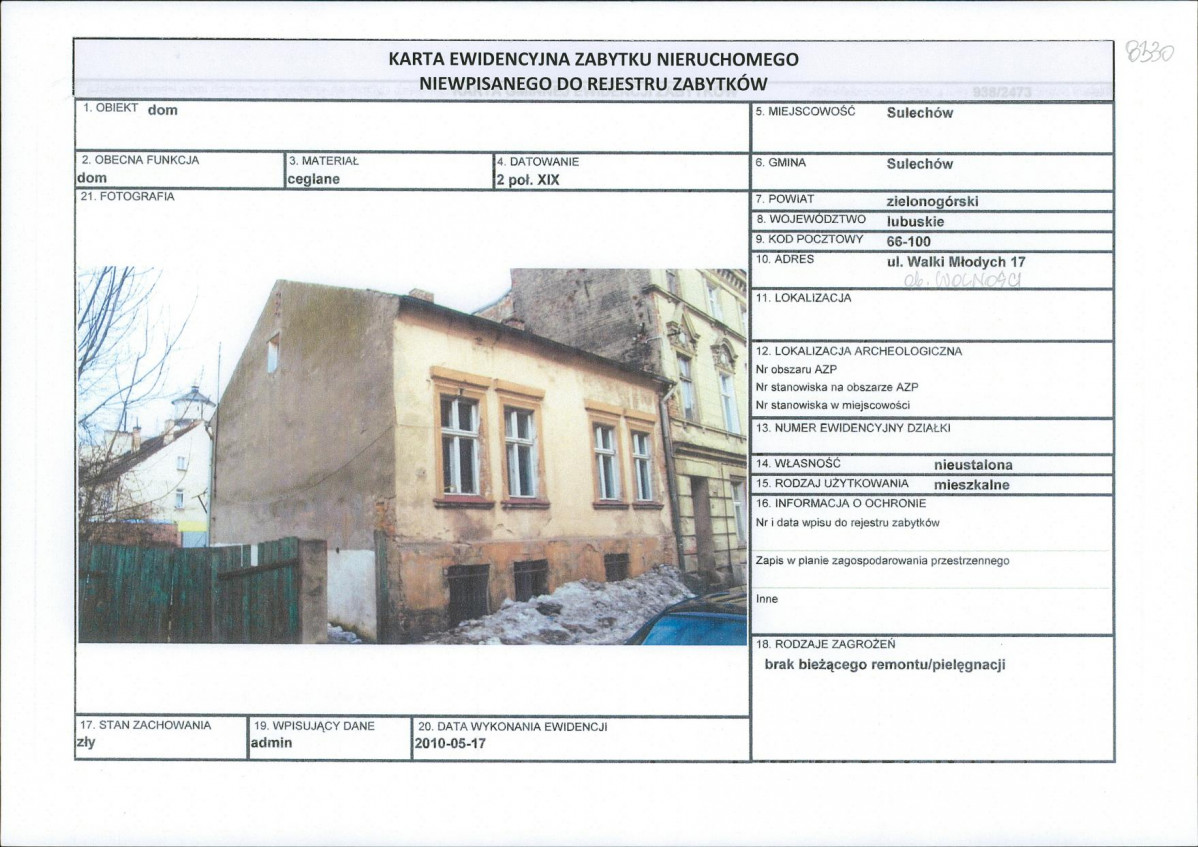Karta obiektu niewpisanego do rejestru, skan nr 1
