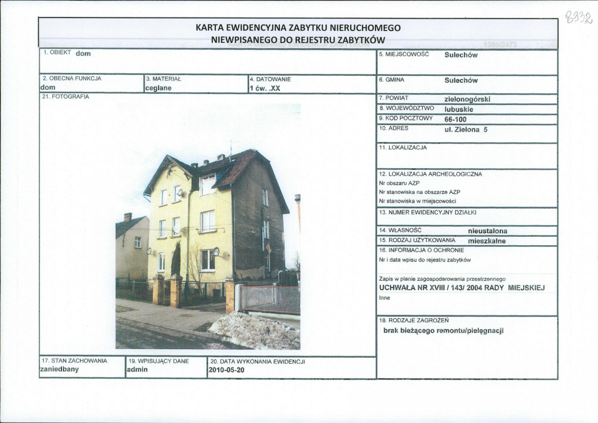 Karta obiektu niewpisanego do rejestru, skan nr 1