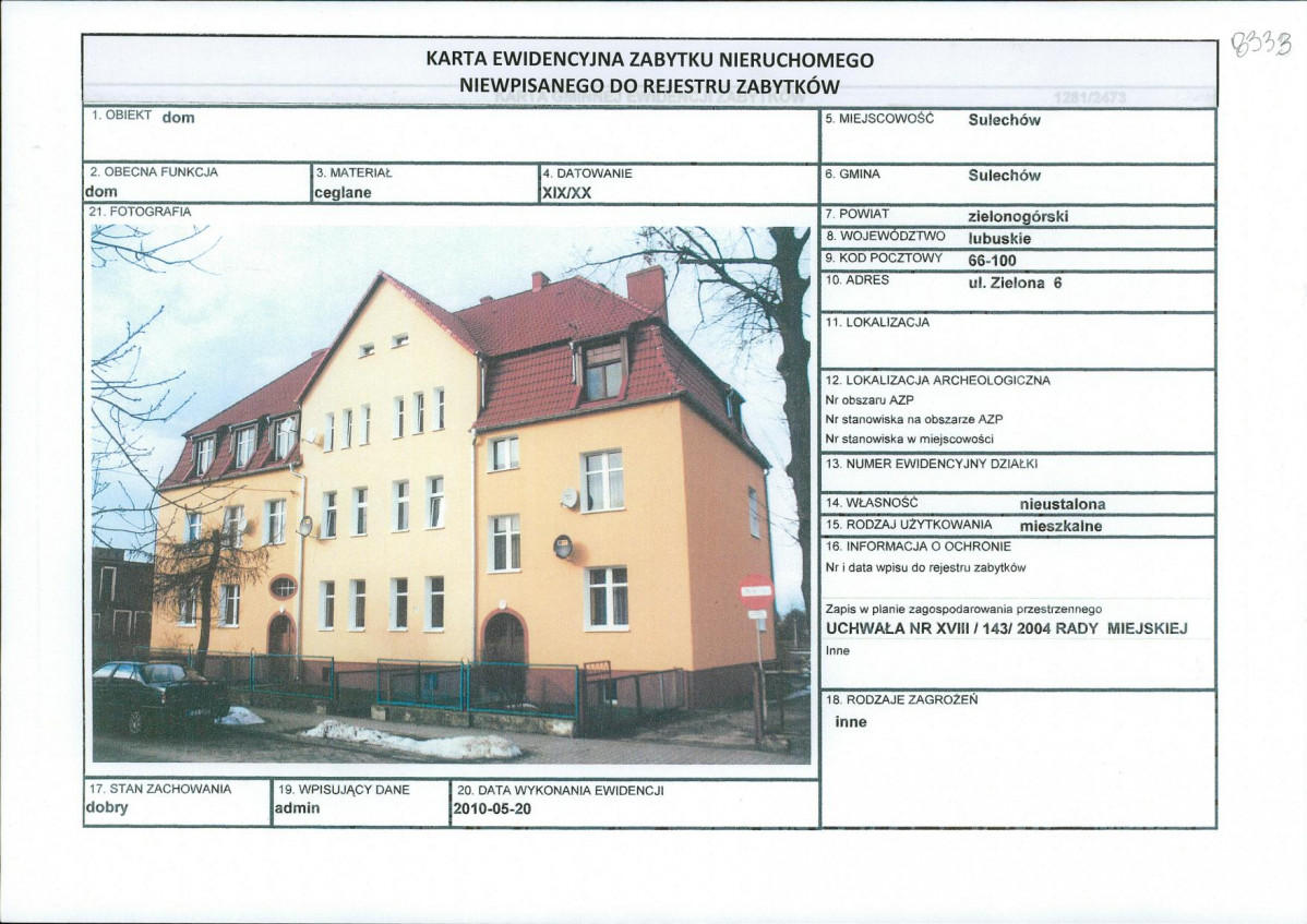 Karta obiektu niewpisanego do rejestru, skan nr 1