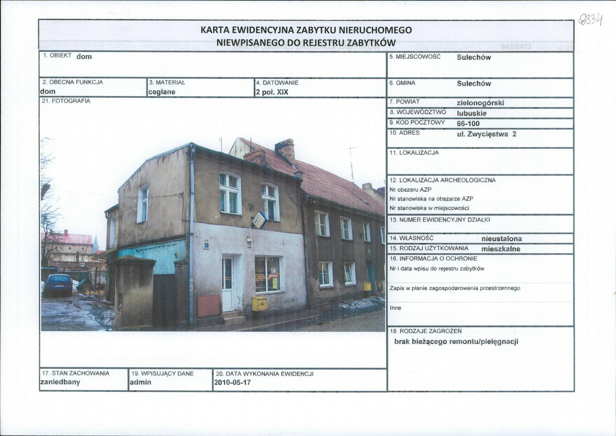 Karta obiektu niewpisanego do rejestru, skan nr 1