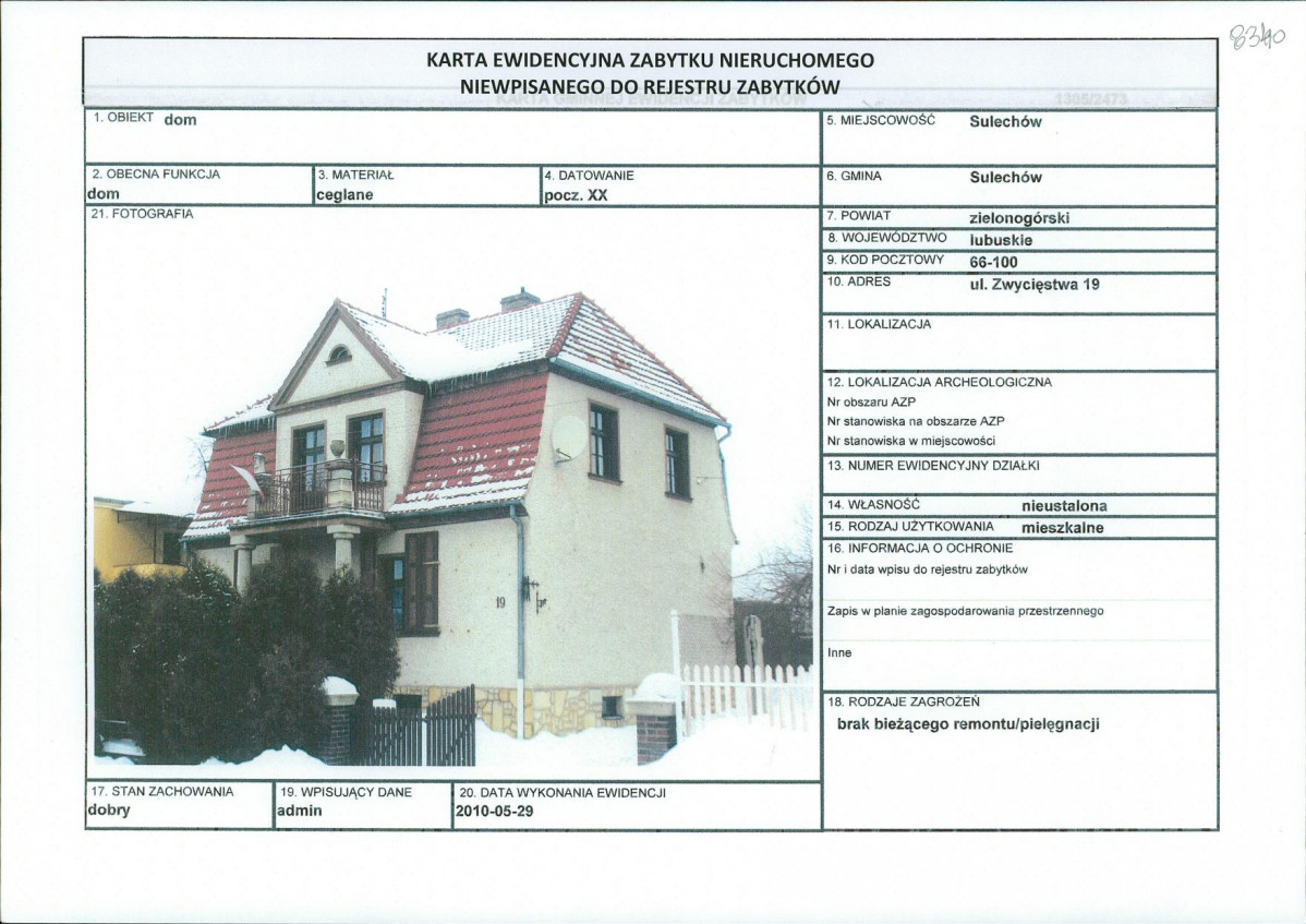 Karta obiektu niewpisanego do rejestru, skan nr 1