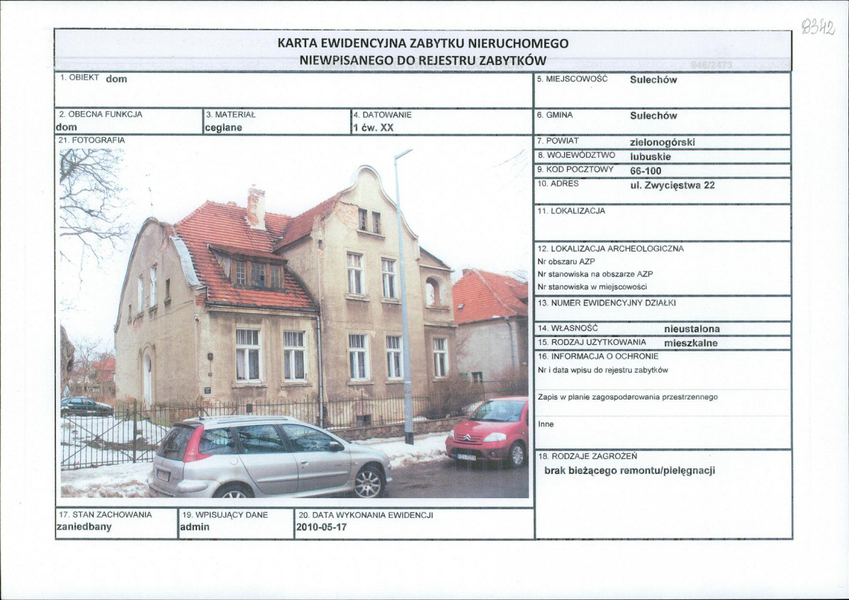 Karta obiektu niewpisanego do rejestru, skan nr 1