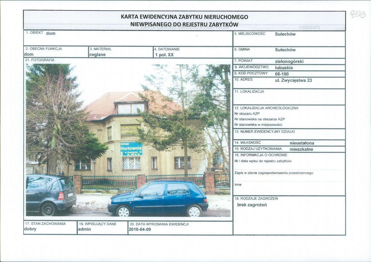 Karta obiektu niewpisanego do rejestru, skan nr 1