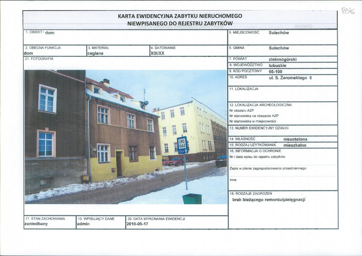 Karta obiektu niewpisanego do rejestru, skan nr 1