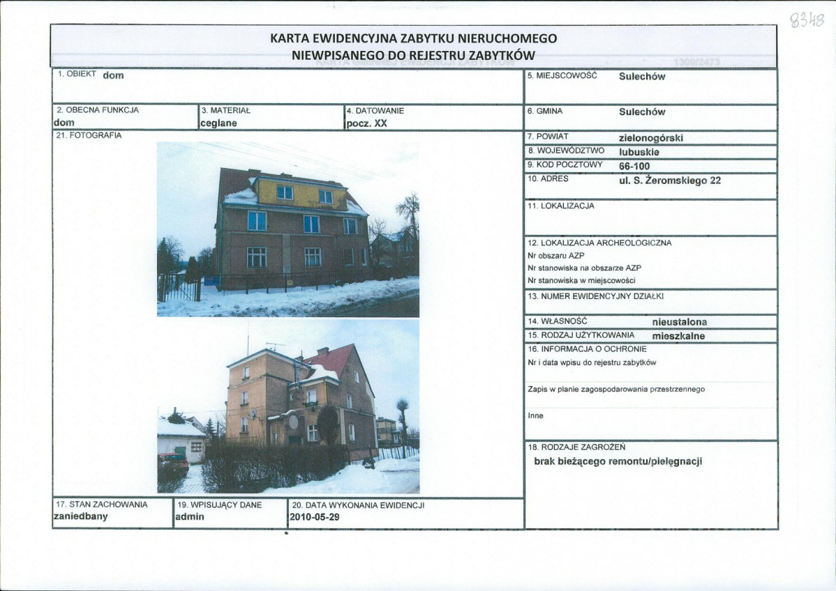 Karta obiektu niewpisanego do rejestru, skan nr 1