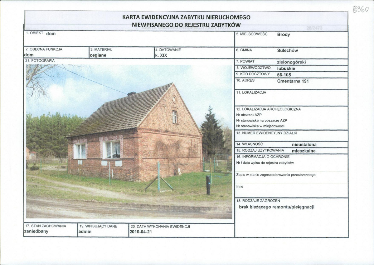 Karta obiektu niewpisanego do rejestru, skan nr 1