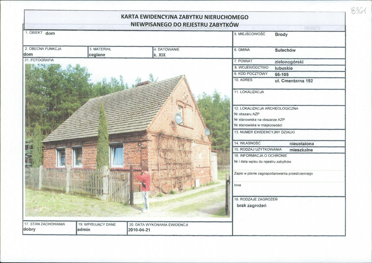 Karta obiektu niewpisanego do rejestru, skan nr 1