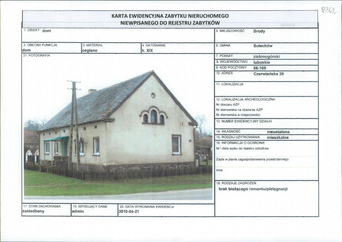 Karta obiektu niewpisanego do rejestru, skan nr 1