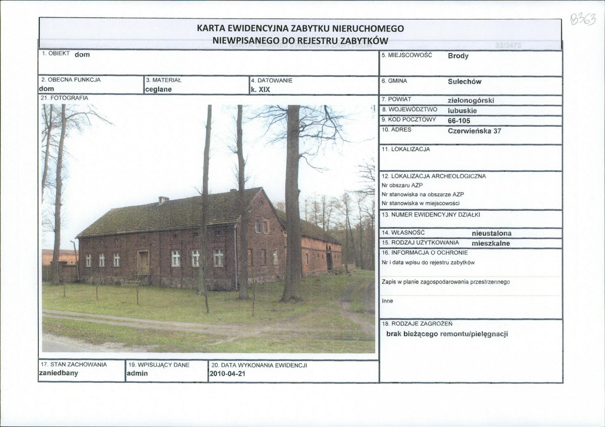 Karta obiektu niewpisanego do rejestru, skan nr 1