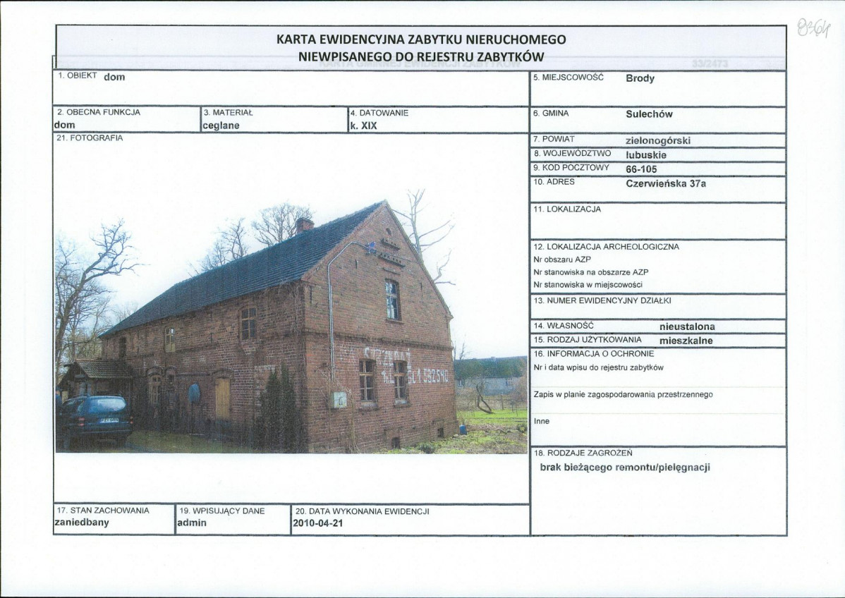 Karta obiektu niewpisanego do rejestru, skan nr 1