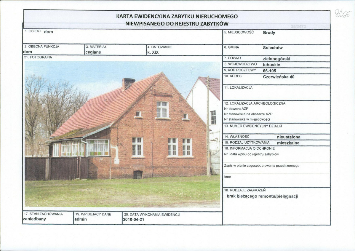Karta obiektu niewpisanego do rejestru, skan nr 1