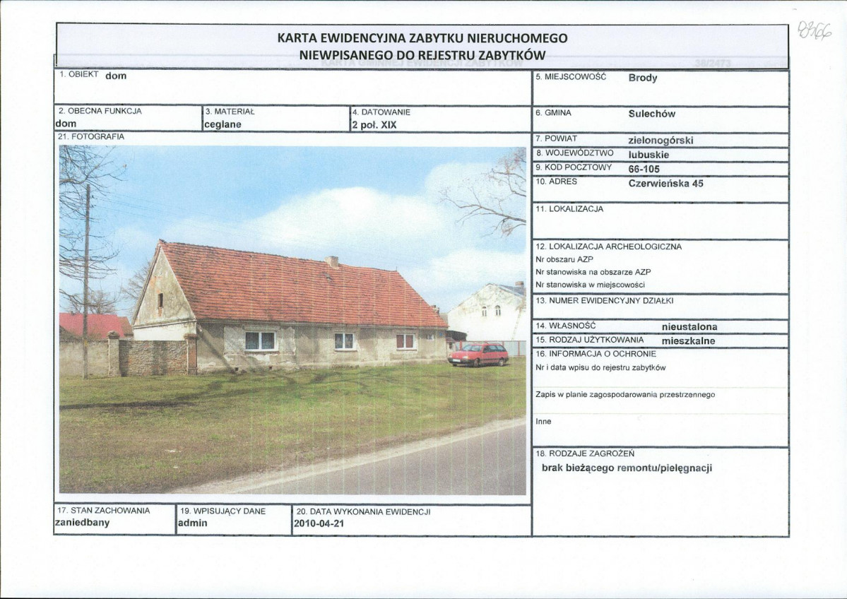 Karta obiektu niewpisanego do rejestru, skan nr 1