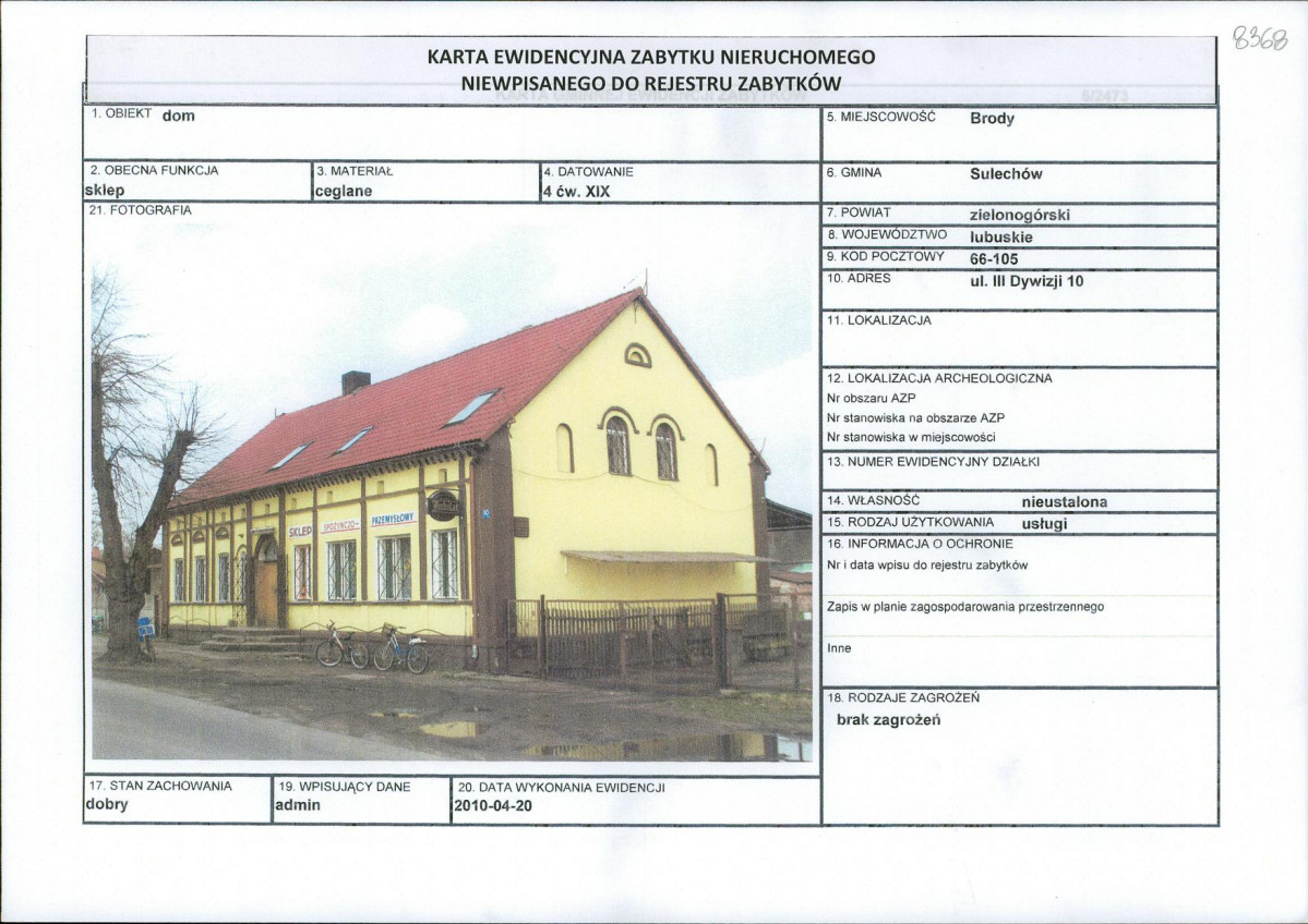 Karta obiektu niewpisanego do rejestru, skan nr 1