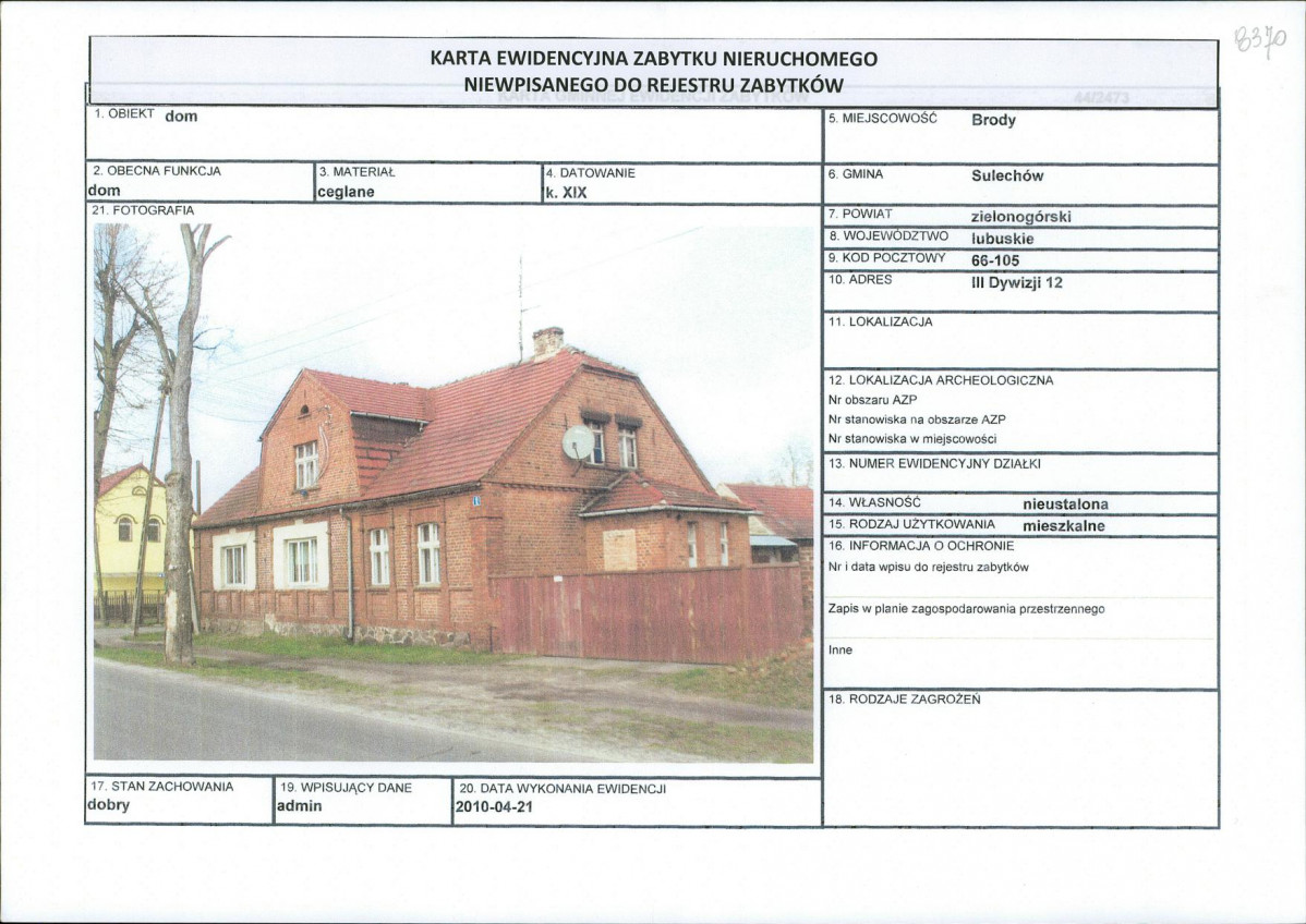 Karta obiektu niewpisanego do rejestru, skan nr 1