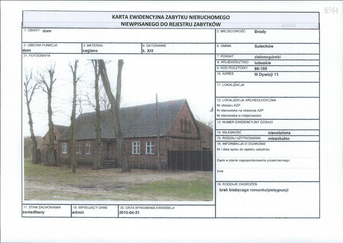Karta obiektu niewpisanego do rejestru, skan nr 1