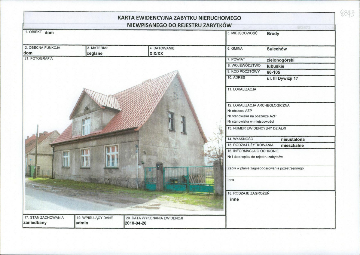Karta obiektu niewpisanego do rejestru, skan nr 1