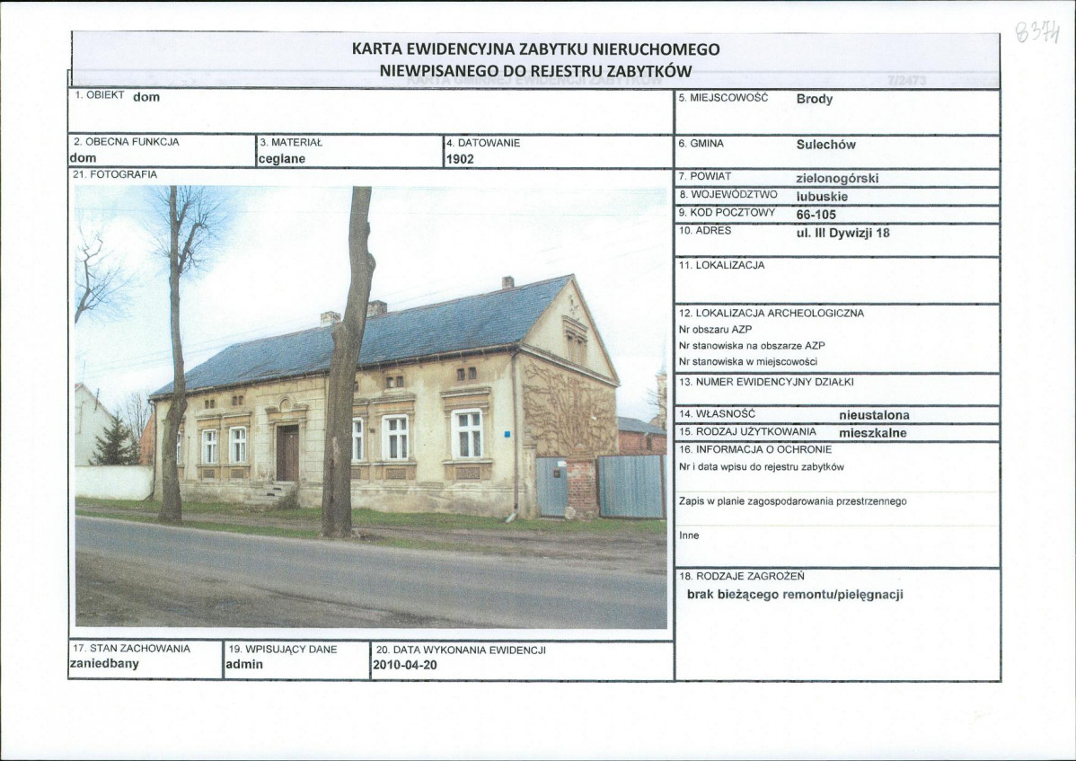 Karta obiektu niewpisanego do rejestru, skan nr 1