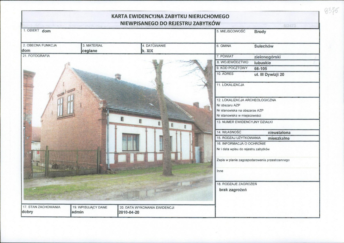 Karta obiektu niewpisanego do rejestru, skan nr 1