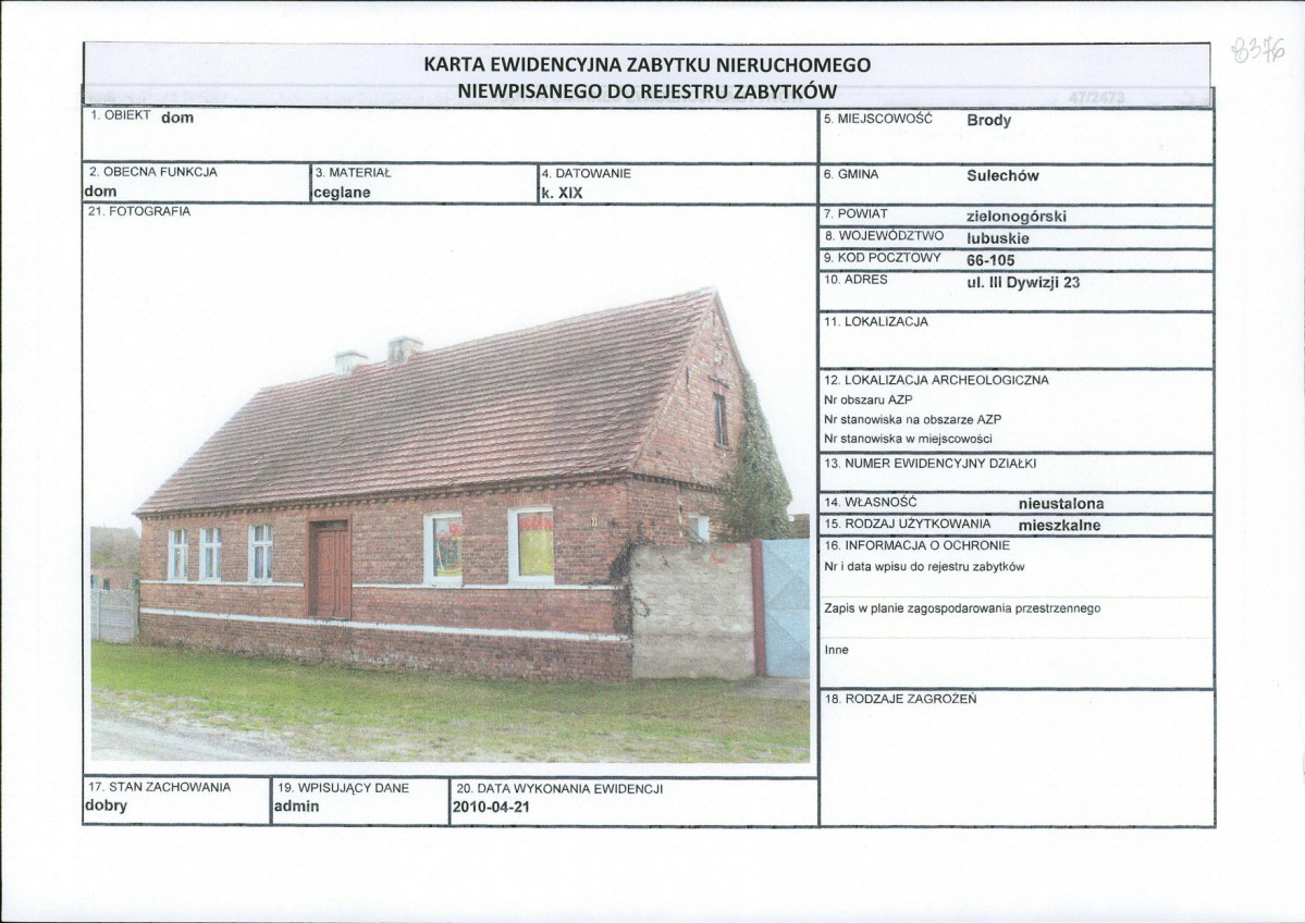 Karta obiektu niewpisanego do rejestru, skan nr 1