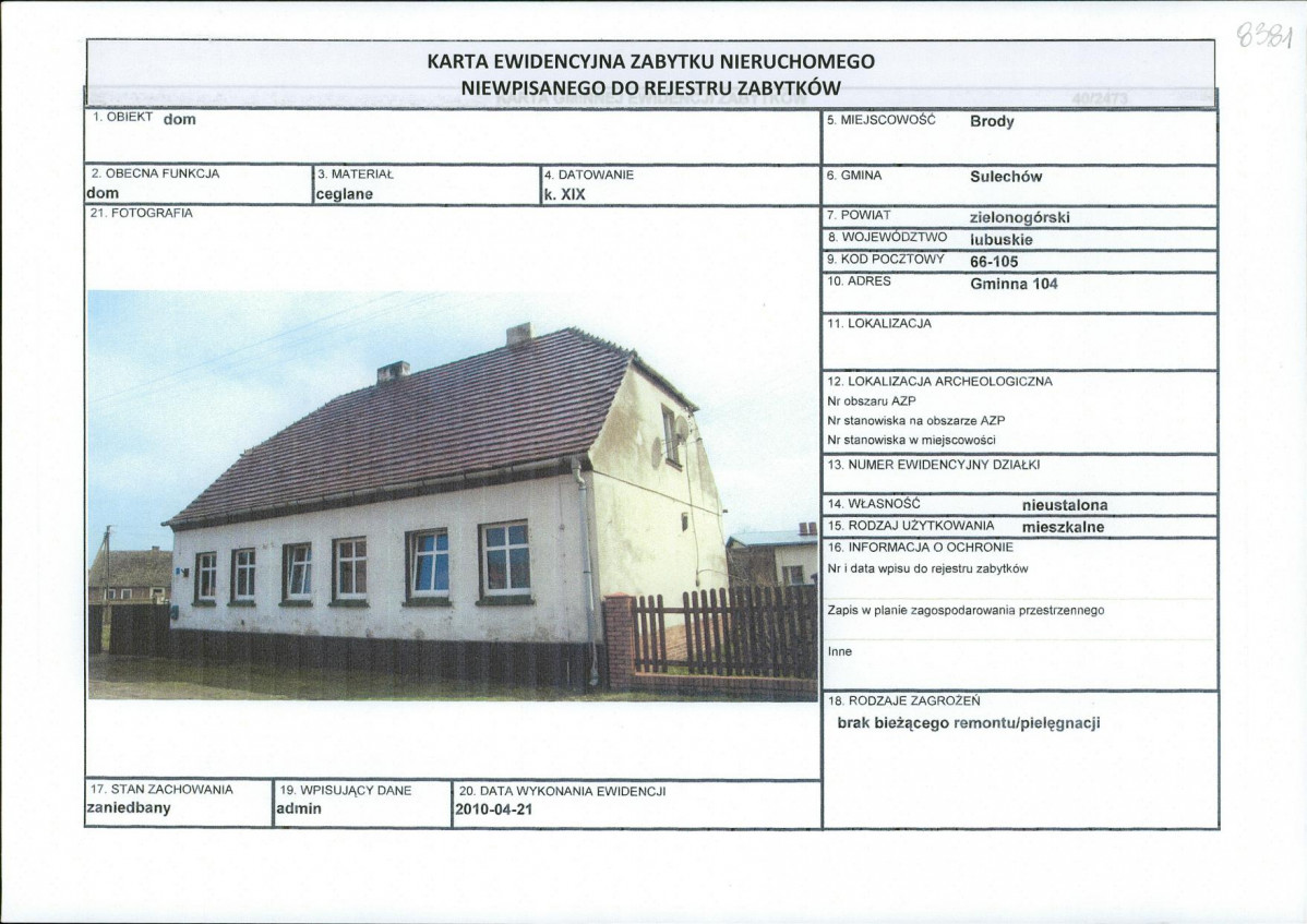 Karta obiektu niewpisanego do rejestru, skan nr 1
