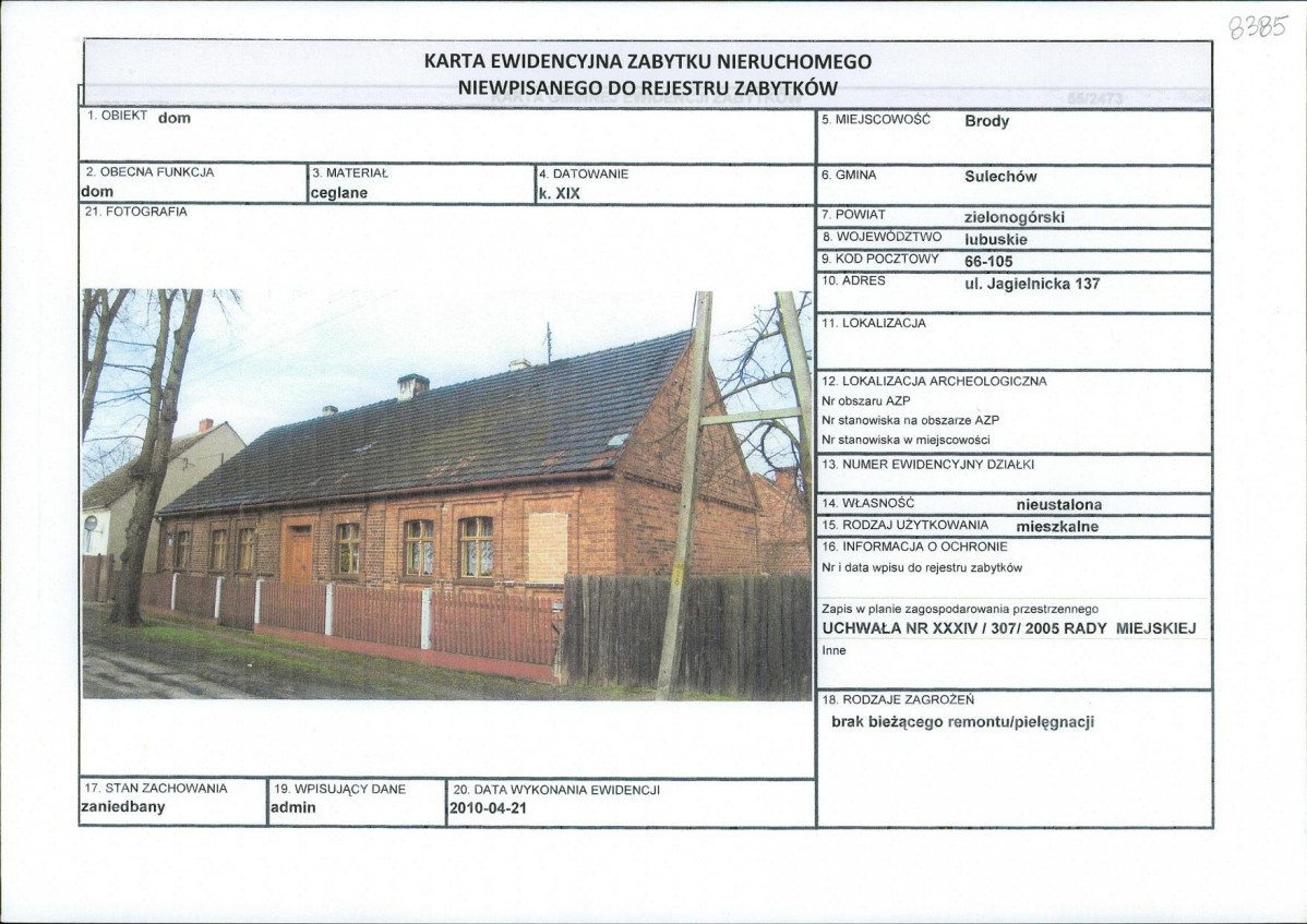 Karta obiektu niewpisanego do rejestru, skan nr 1